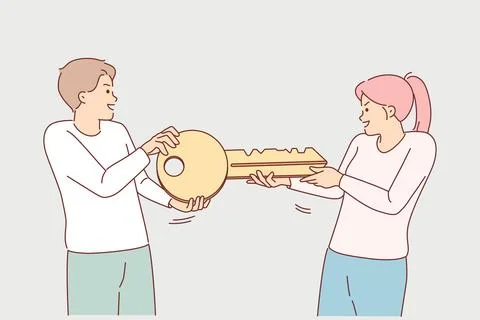 Large key to house is in hands of man and woman, experiencing happiness after イラスト素材