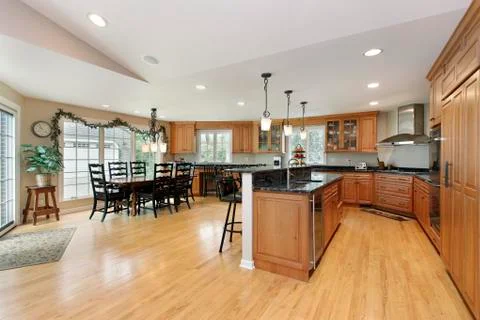 Large kitchen with eating area Stock Photos