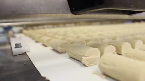 A large knife cuts blanks for making unglazed candy sweet bars Stock Footage 128643049