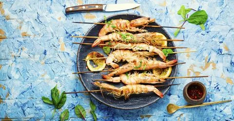 Large langoustines on a plate Stock Photos