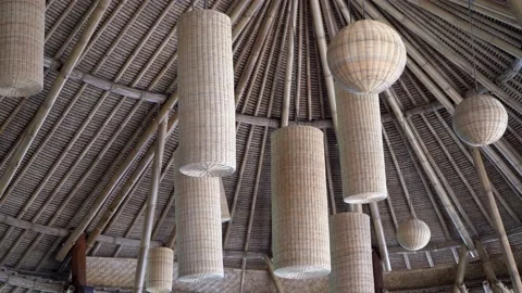 Large Lanterns swing in the wind on the beachside in Jimbaran, Bali, Indonesia.  Stock Footage 131340988
