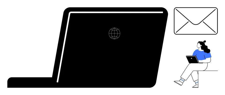 Large laptop with globe icon on screen, envelope symbol, and seated woman usi Stock Illustration