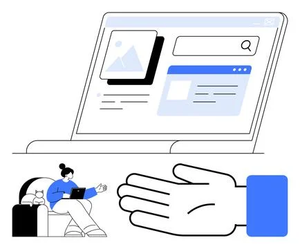 Large laptop screen displaying web interface elements and search bar, woman o Stock Illustration