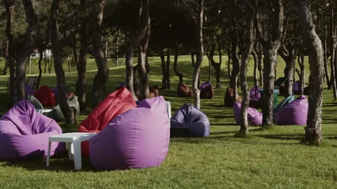 Large lawn seating area in the park with soft comfortable chairs Stock-Footage 344753995