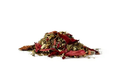 Large - leaf tea with dry rose petals . isolated on a white background Stock Photos