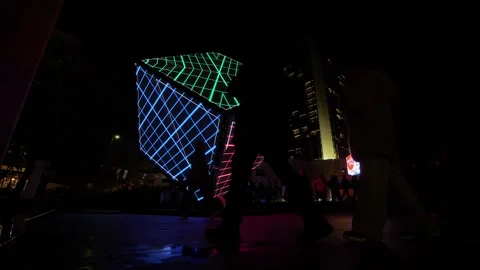 Large LED cube with colorful abstract visual show on screen walls: immersive art Stock Footage 339776002
