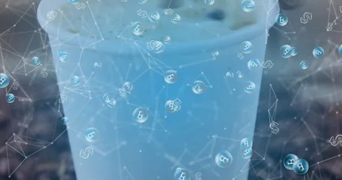 Large light-blue cup showing floating cryptocurrency bubbles and network nodes Stock Footage 307446870