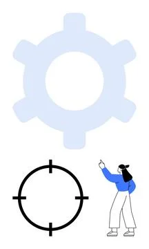 Large light blue gear, black targeting symbol, and a person pointing upward.  Stock Illustration