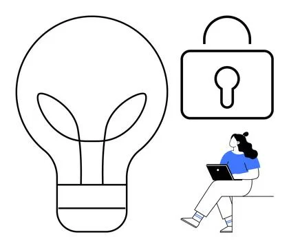 Large light bulb and lock symbol next to woman in blue shirt using a tablet.  Illustrazione stock