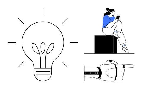 Large light bulb with rays, woman reading on tablet, and pointing robotic han 스톡 일러스트