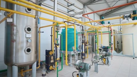 Large light workshop with metal containers and a complex piping system. Stock Footage 166489010