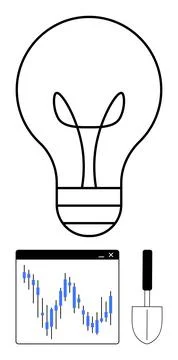 Large lightbulb outline, blue candlestick chart in window, small trowel. Idea Stock Illustration