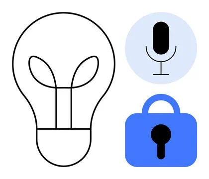 Large lightbulb with smaller microphone and lock circles. Ideal for innovatio Illustrazione stock