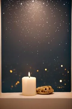 Large lighted candle on a shade blue background. Stock Photos