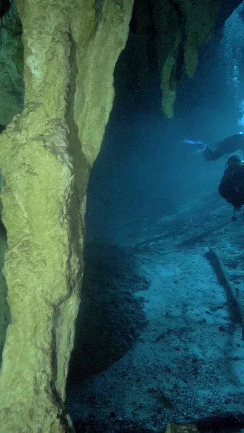 Large limestone columns inside a submerged cavern Stock Footage 341361000