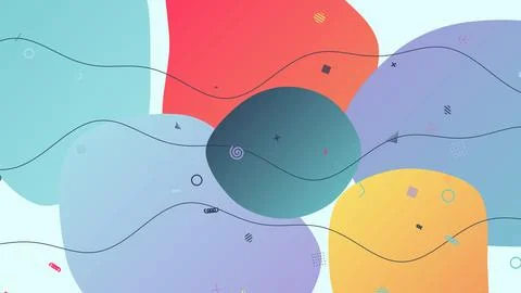 Large liquid gradient blobs morphing with thin flowing lines, modern Memphi.. Stock Illustration