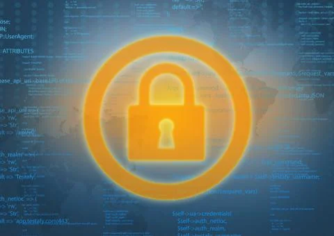 Large lock icon on abstract background of computer code Illustrazione stock