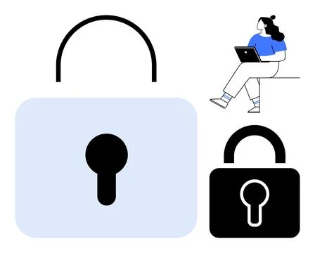 Large lock icon with keyhole, smaller lock, and person using laptop. Ideal fo Stock Illustration