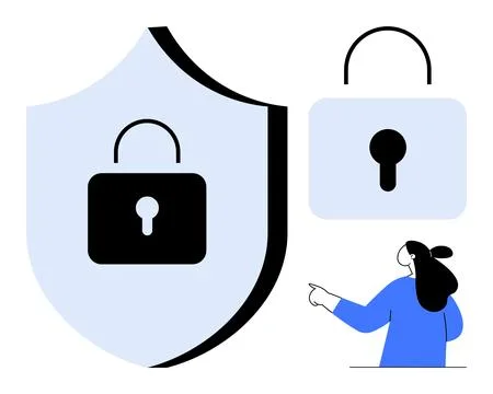 Large lock on shield next to smaller lock and person pointing. Ideal for cybe 스톡 일러스트