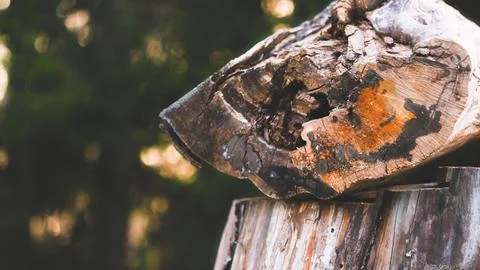 A large log with a hole in it sits on a wooden stump Stock Photos