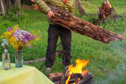 Large log for making a campfire in the evening Stock Photos