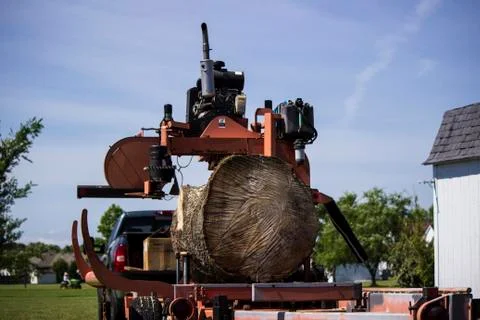 Large log ready for cutting on portable sawmill 스톡 사진