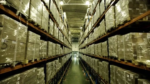 Large logistic warehouse and pallets. Pallets on logistic warehouse shelves Stock Footage 133290781
