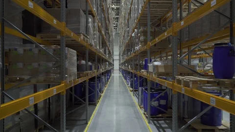 Large logistics commerce warehouse structure with boxes on the shelf. business Stock Footage 127675300