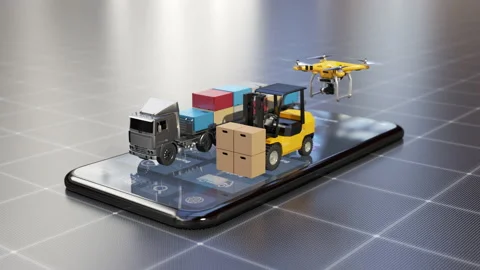 Large logistics trucks, forklifts and drones deliver logistics on mobile. 4k. Stock Footage 170479062