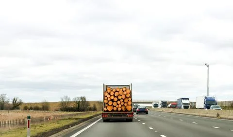 A Large Lorry Designed For Carrying Huge Logs From Forest To Factory Drivin.. Stock Photos