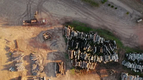Large lumber yard with organized stacks of timber Stock Footage 315283337
