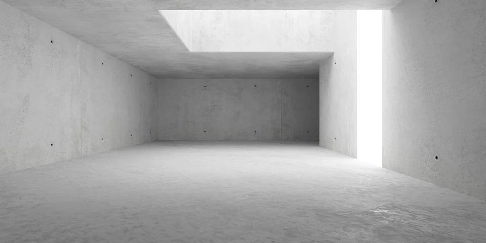 Large m odern concrete empty brutalism room with ceiling opening and large .. Illustrazione stock