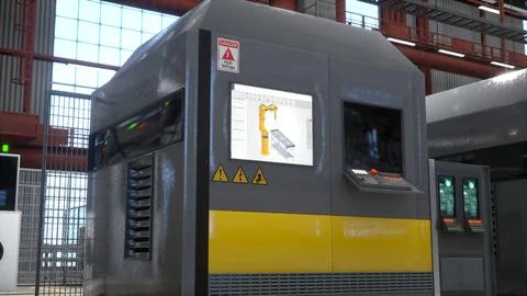 Large machines in warehouse with control panels and screens, 3D render Ilustración de archivo
