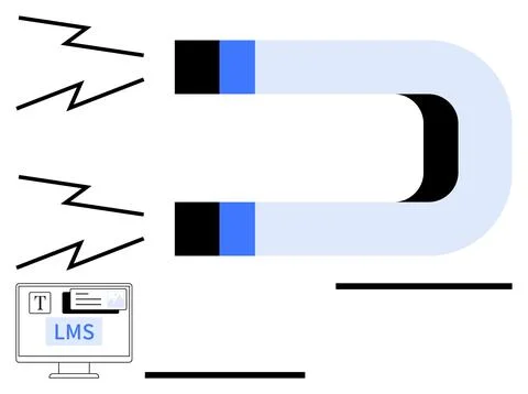 Large magnet pulls text and LMS elements toward a computer screen with motion Stock-Illustration
