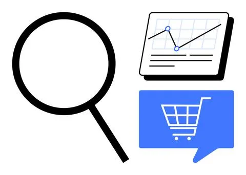 Large magnifying glass with data chart featuring line graph and dialog box wi Illustrazione stock