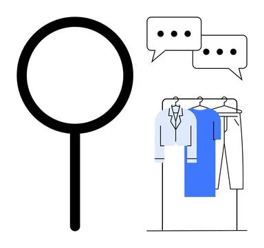 Large magnifying glass, two conversation bubbles with ellipses, and a clothin Stock Illustration