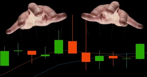 Large male puppet master hands controlling the stock market candlesticks Stock Footage 111853473
