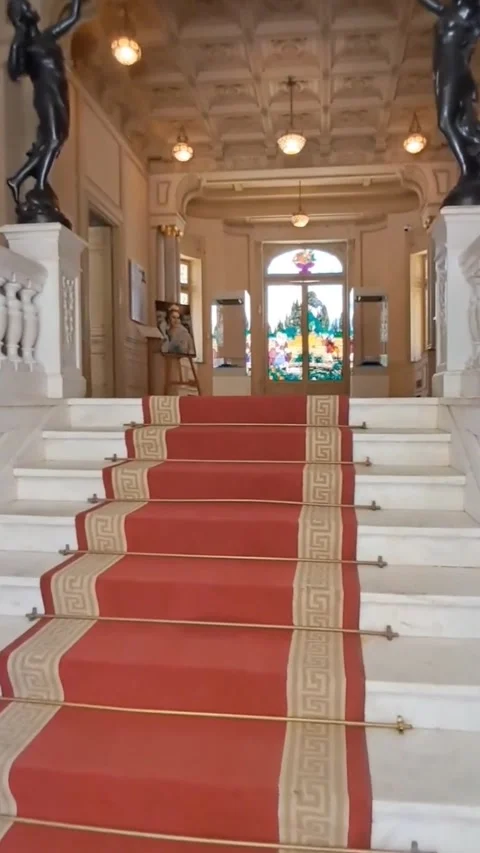 A large marble staircase covered with a red carpet in the museum Stock Footage 344639413