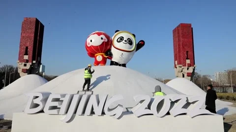 Large mascots set up in Beijing ahead of 2022 Winter Olympic Games, CHINA, CN -  Video stock 204093953
