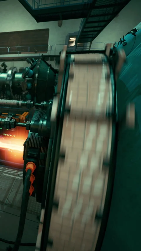 A large mechanical engine operates in a workshop Stock Footage 338422331