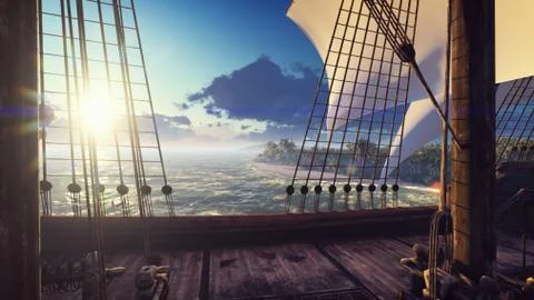 A large medieval ship in the ocean at sunset. An ancient medieval ship docked Stock Illustration