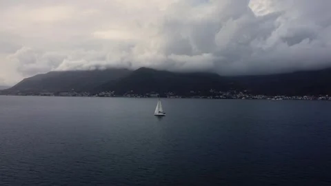 Large medieval ship sailing Caribbean sea at golden pink sunset. Cinematic old Stock Footage 307239172