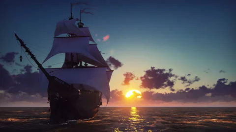 Large medieval ship on the sea on a sunset. The old medieval ship gracefully Stock Footage 103258989
