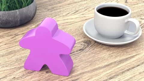 A large meeple next to a cup of coffee. 3d render Illustration