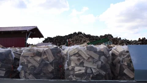 Large mesh bags filled with chopped firewood stacked at lumber storage site with Stock Footage 318217811