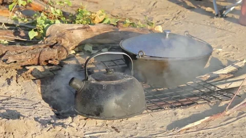 A large metal cauldron and kettle stand and are heated at the stake Stock Footage 134347916