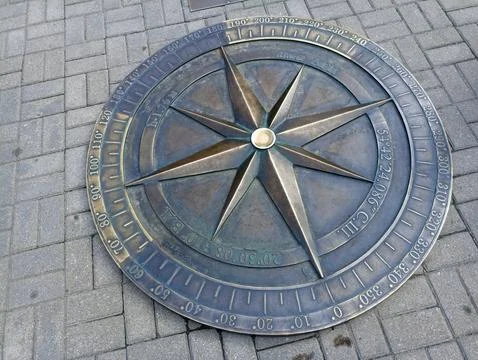 A large metal compass embedded in the sidewalk. Kaliningrad 2024 July 17 Stock Photos