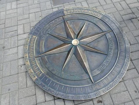 A large metal compass embedded in the sidewalk. Kaliningrad 2024 July 17 Stock Photos