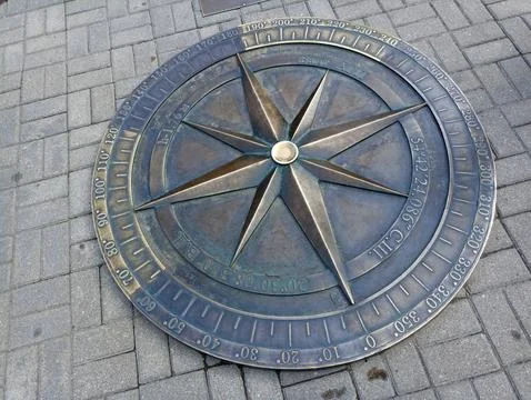 A large metal compass embedded in the sidewalk. Kaliningrad 2024 July 17 Stock Photos