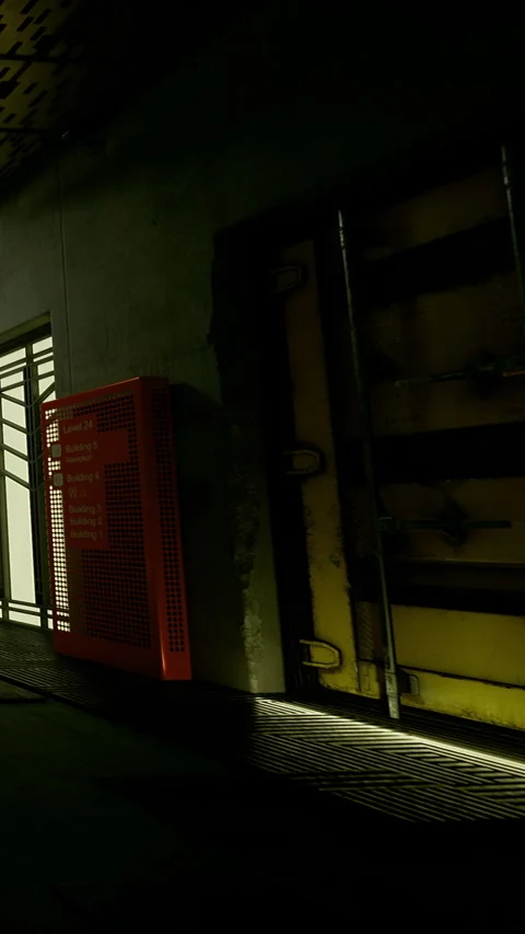 Large metal door with yellow frame and security bars in a dimly lit area Stock Footage 339939712